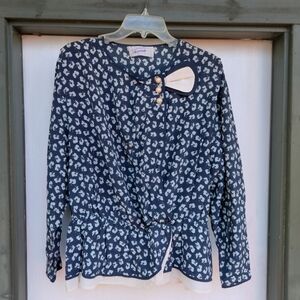 Gabriella Salvalagio Made In Italy Vintage Floral Blouse Navy White Long Sleeve